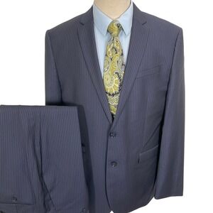EXPRESS Suit Mens 44L 36W 31L Slim Fit Navy Pinstripe Classic Career Wool Blend